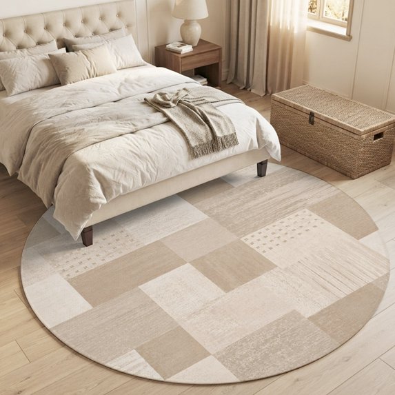 Cream Beige Checked Round Area Rug 3Ft Washable Small Circle Rugs for Kitchen Entryway, Vintage Buffalo Plaid Farmhouse Non-Slip Carpet Floor Mats Indoor Outdoor Carpet Runner Aesthetic Home Decor