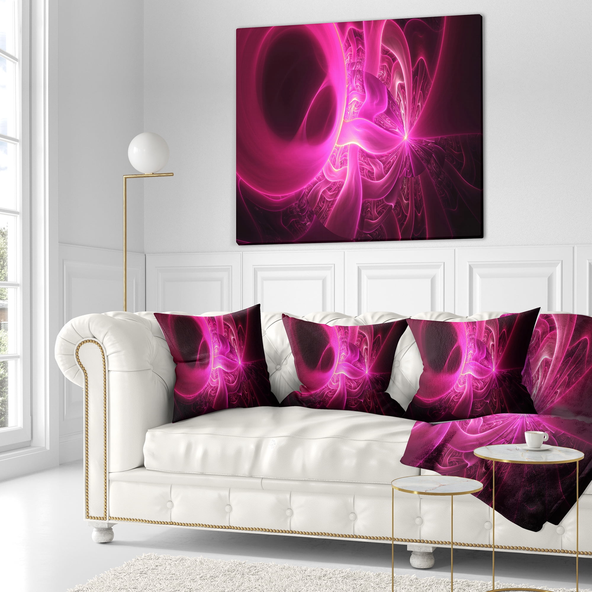 Designart Bright Pink Designs on Black - Abstract Throw Pillow - 16x16