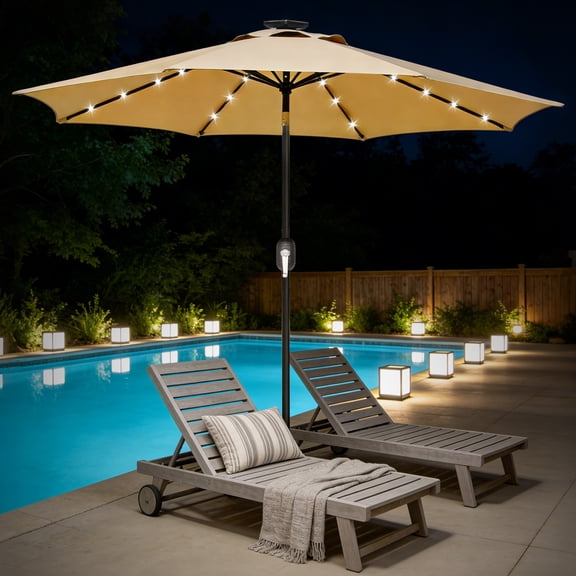 HOUSNIFLEX 9FT Solar Patio Umbrella with LED Lights, Outdoor Market Umbrella with Solar Panel, 8 Heavy-Duty Ribs, for Patio, Deck, Garden,Khaki