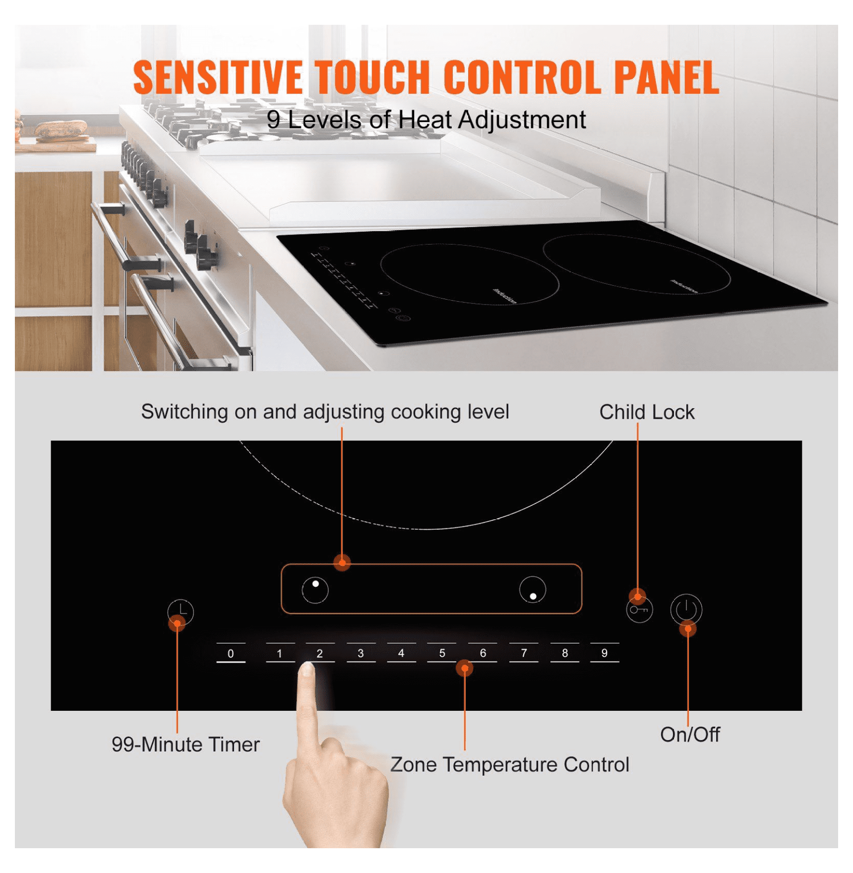 Electric Cooktop 2 Burners, 12'' Induction Stove Top 1800W, Built-in Magnetic Cooktop, 9 Heat Levels, LED Touch Screen, Child Lock & Overheat Protection
