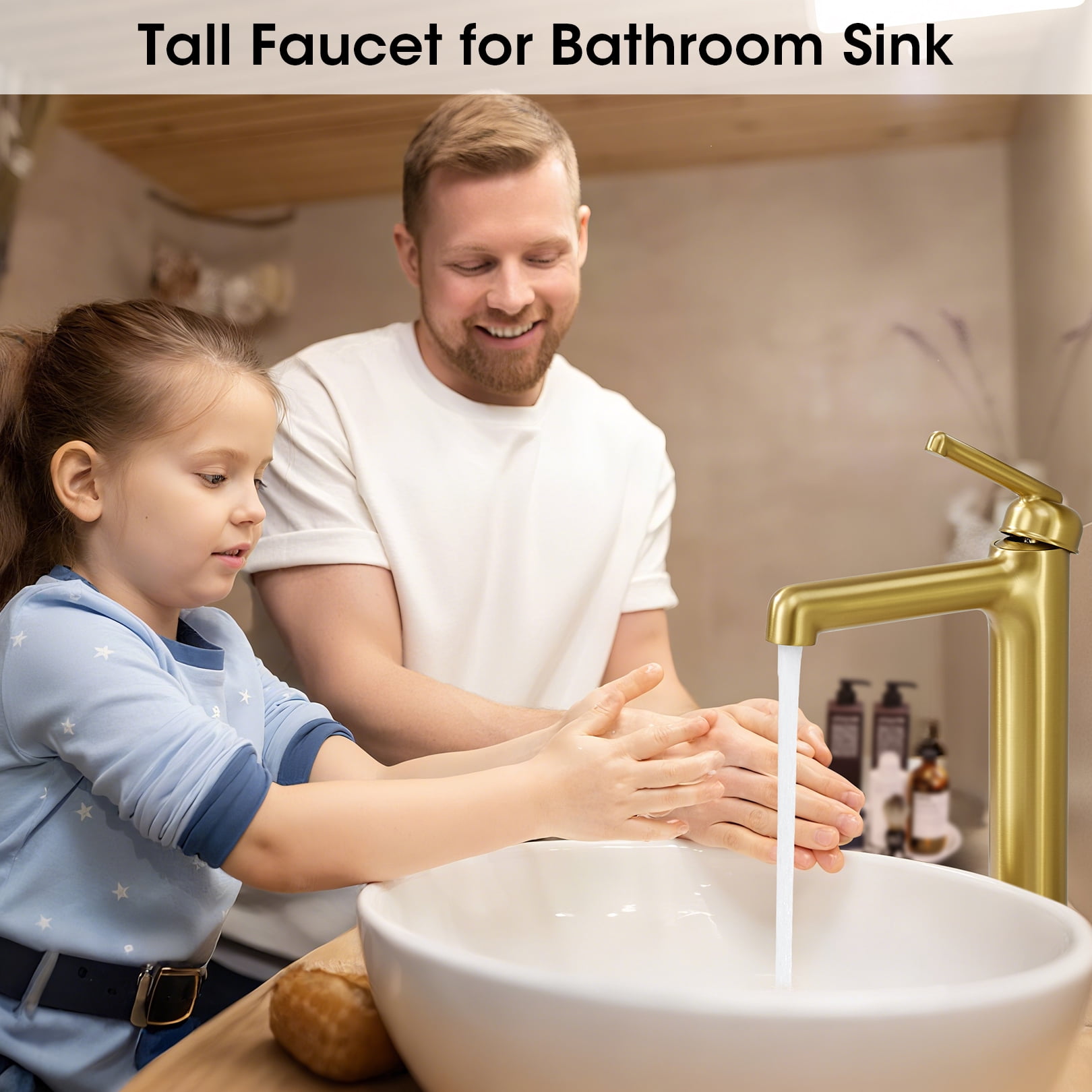 Wowkk Brushed Gold Bathroom Faucets 9.84" High Spout Tall Basin Faucet, Single Handle Bathroom Sink Faucet with Pop Up Drain and Faucet Supply Lines