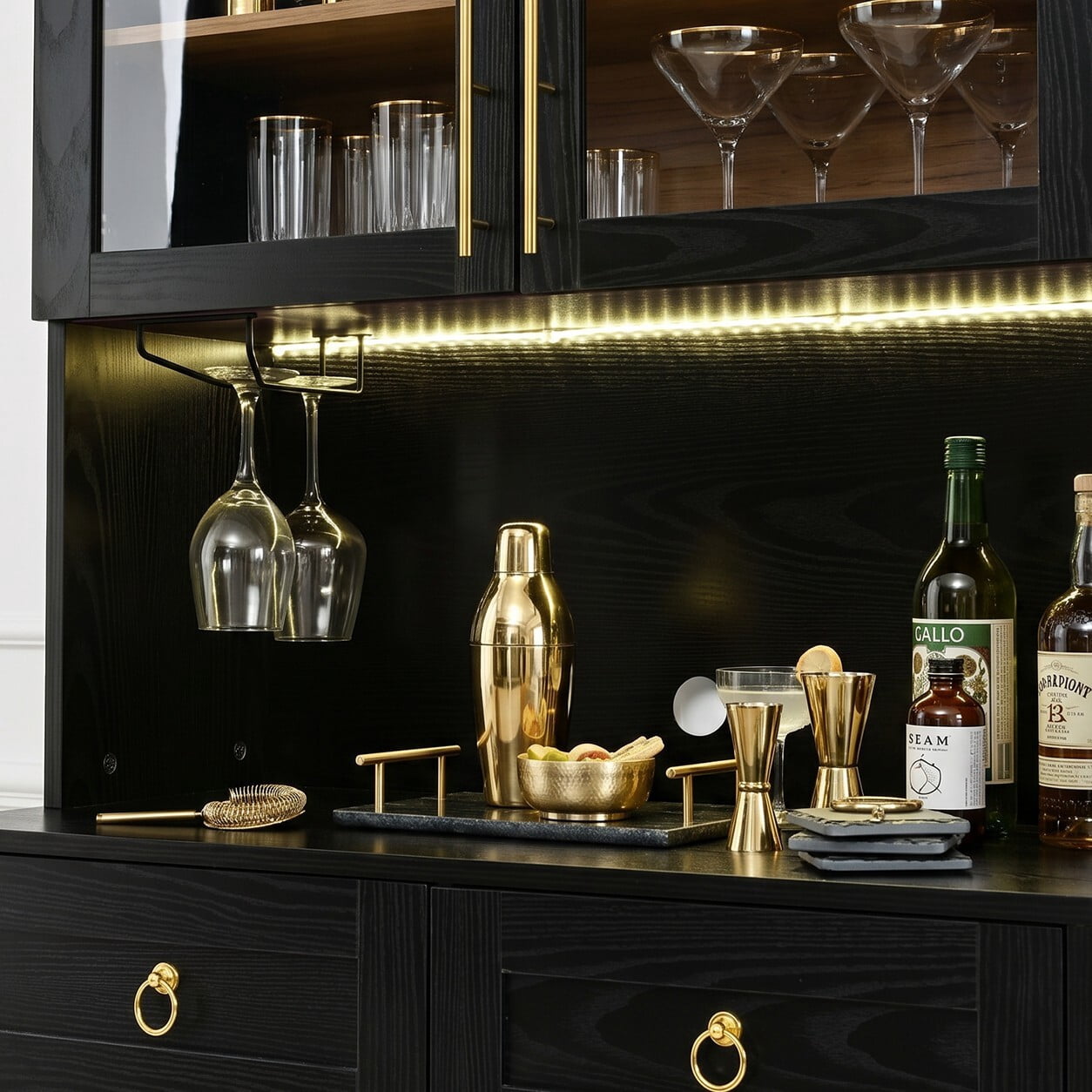 Euroco 74.8" Tall Arched Kitchen Pantry Cabinet,Farmhouse Arched Kitchen Storage Hutch with Glass Doors,2 Drawers,Adjustable Shelves,Power Outlet & LED Light,Freestanding Tall Cupboard,Black