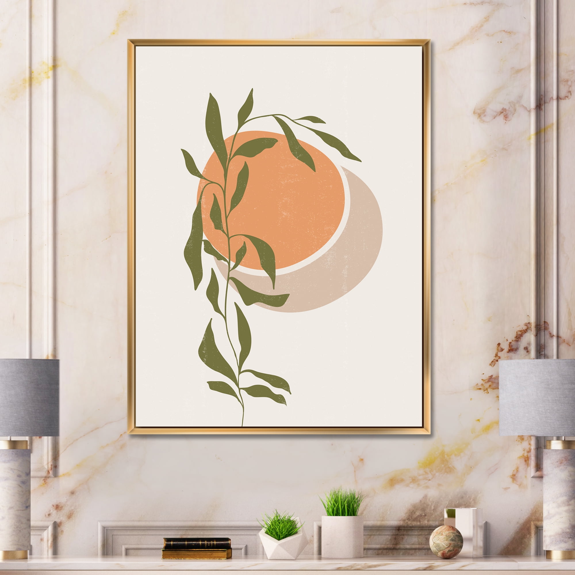 Designart 'Abstract Orange Moon and Sun With Tropical Leaf' Modern Framed Canvas Wall Art Print
