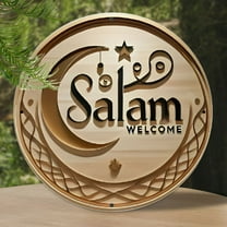 7.87" Round Aluminum Ramadan Decorative Sign - "Salam Welcome" Design with Crescent Moon & Star, 2D Printed Wall Art for Home, Garden, Cafe, Office - Perfect Housewarming Gift, Islamic Home Decor