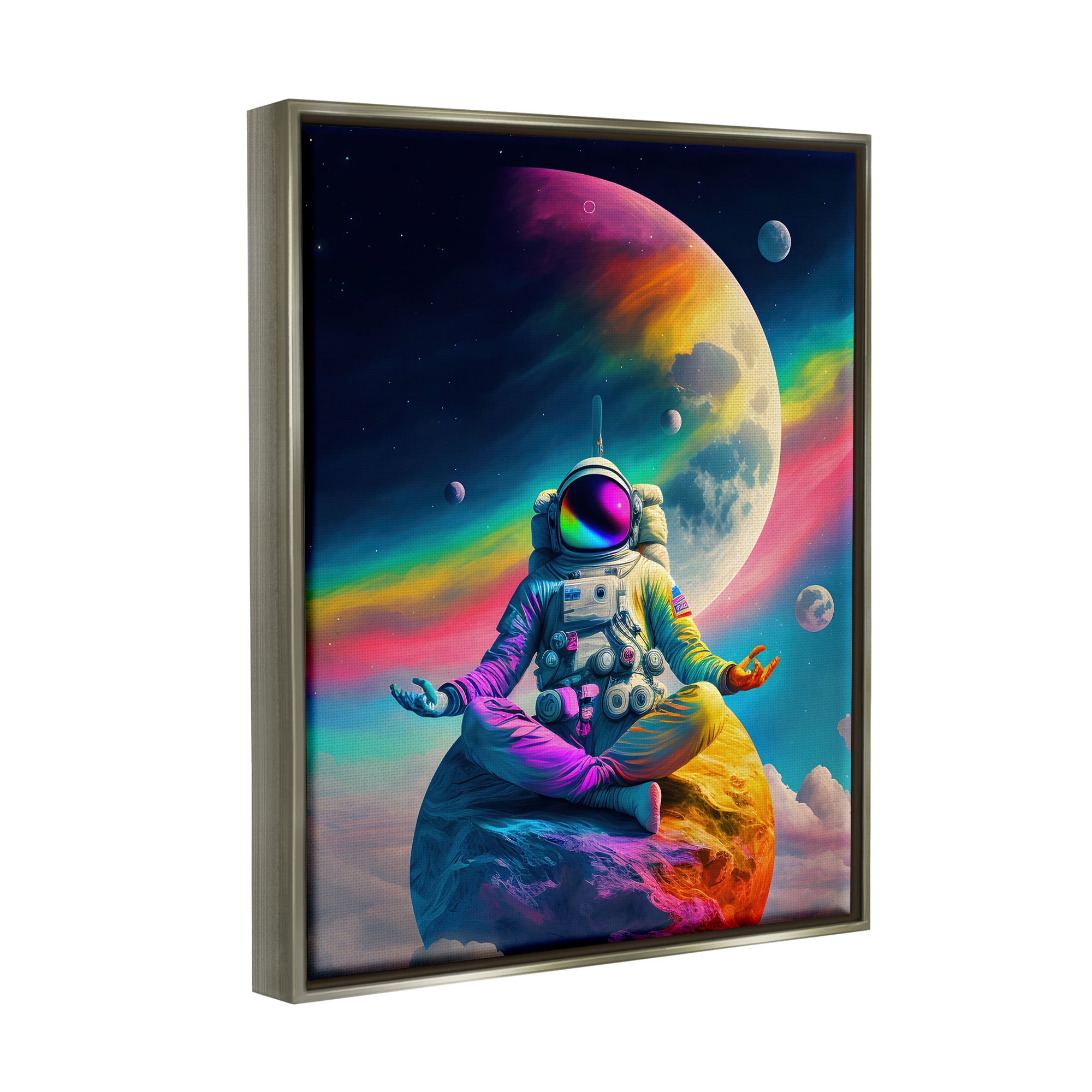 Stupell Industries Astronaut Meditating on Moon Novelty Painting Gray Floater Framed Canvas Art Print Wall Art, 17 x 21