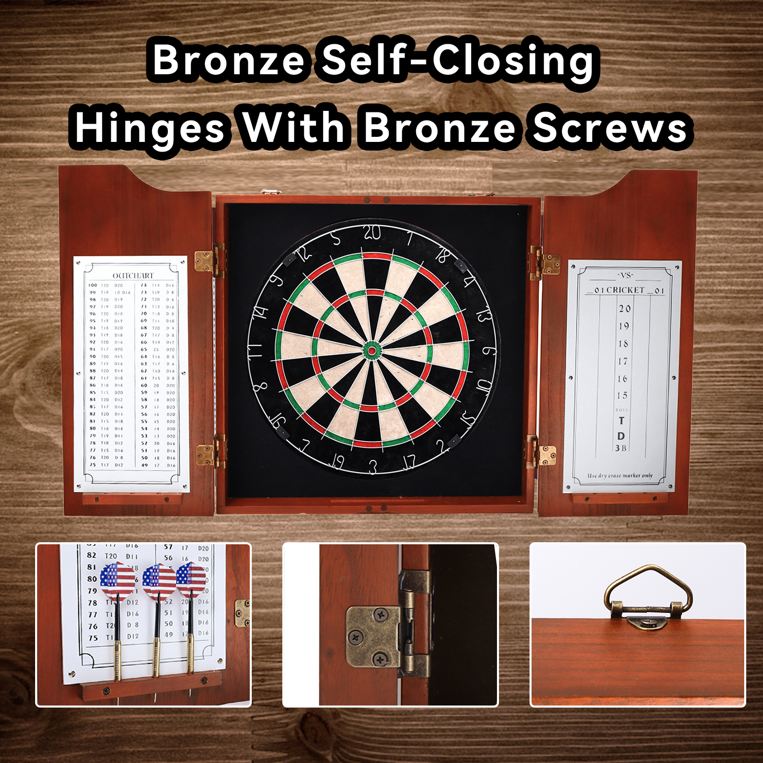 GSE Games & Sports Expert Solid Wood Dartboard Cabinet Set with Sisal Fiber Dartboard, Dart Scoreboard and 6 Steel Tip Darts for Target Game Indoor Game (Mahogany)
