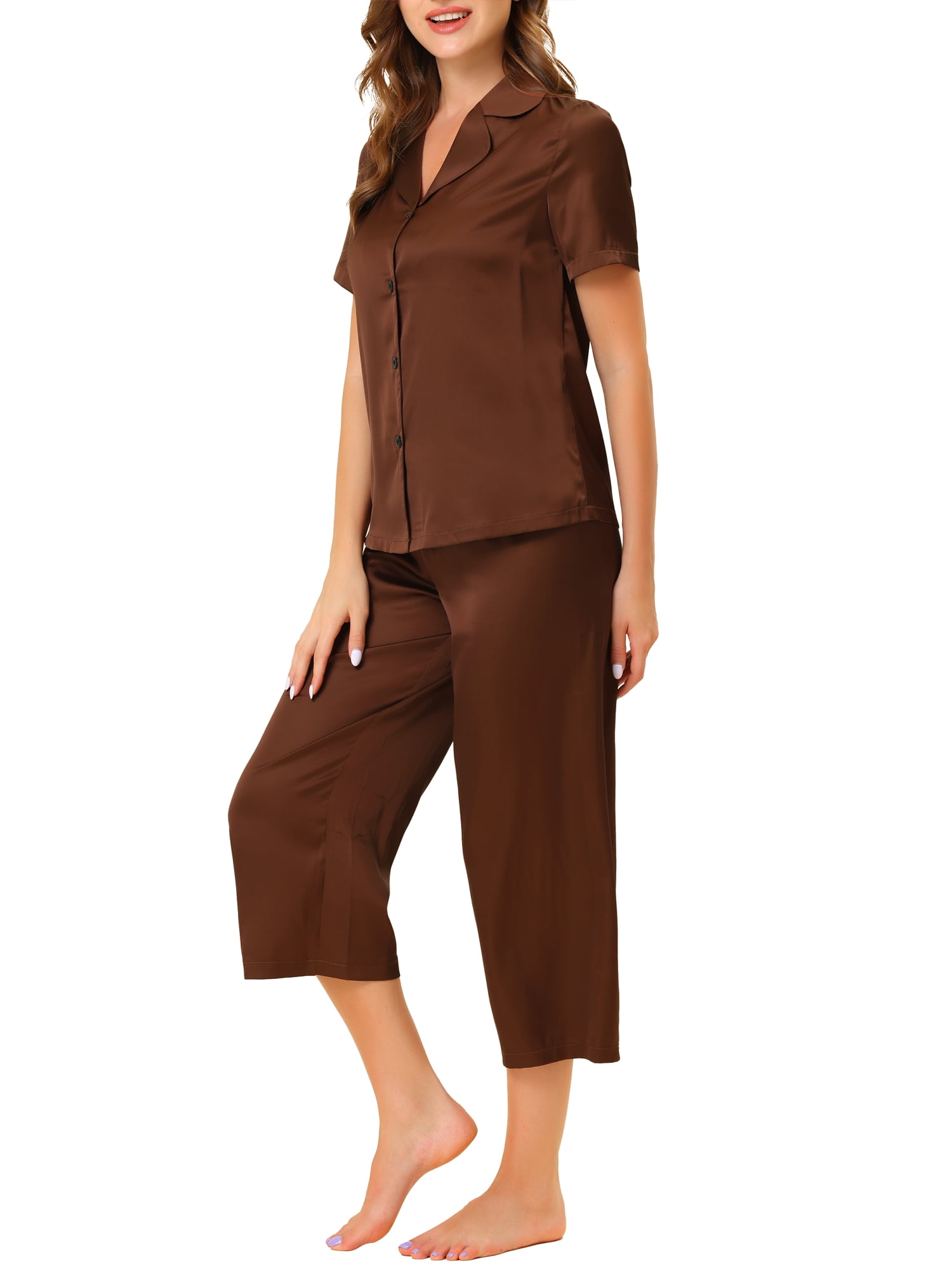 Unique Bargains Women's Loungewear Tops and Capri Pants Satin Pajama Sleepwear Sets