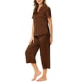 thumbnail image 4 of INSPIRE CHIC Women's Satin Pajamas Sets Short Sleeve Button Tops with Capri Pants 2 Pcs Loungewear M Brown, 4 of 6