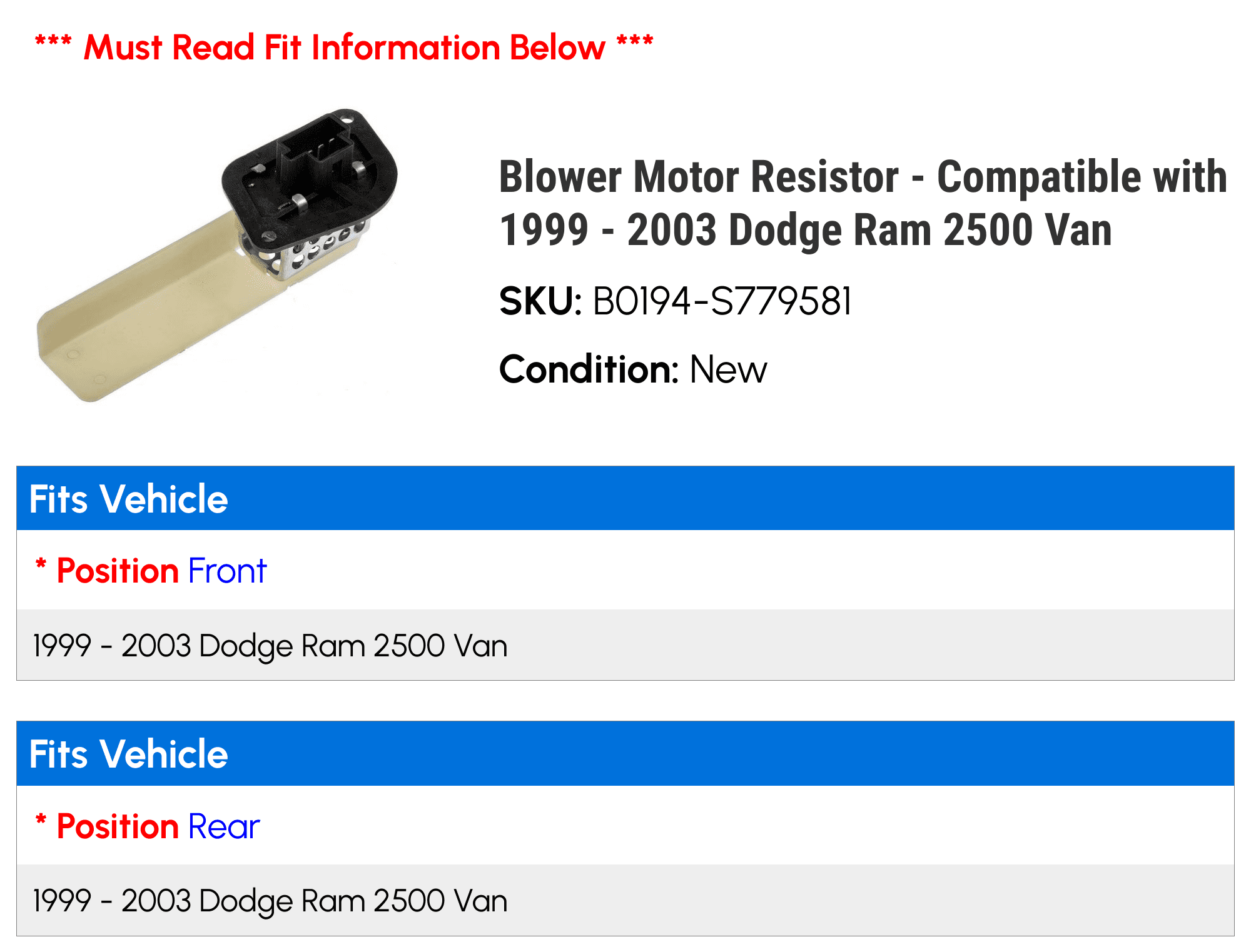 Blower Motor Resistor - Compatible with 1999 - 2003 Dodge Ram 2500 Van - Dorman