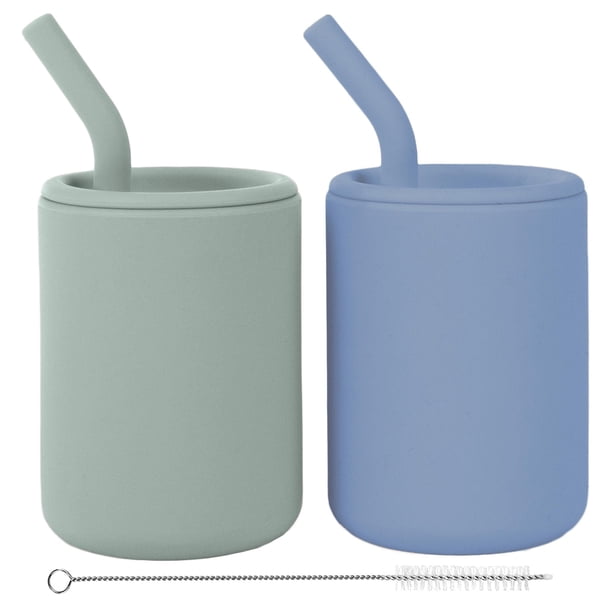 WeeSprout Vasos de silicona para bebés con pajitas y tapas, opciones de 4 y 8 oz, juego de 2, recipiente de entrenamiento para niños pequeños de grado alimenticio, tapones de pajita integrados, marcas
