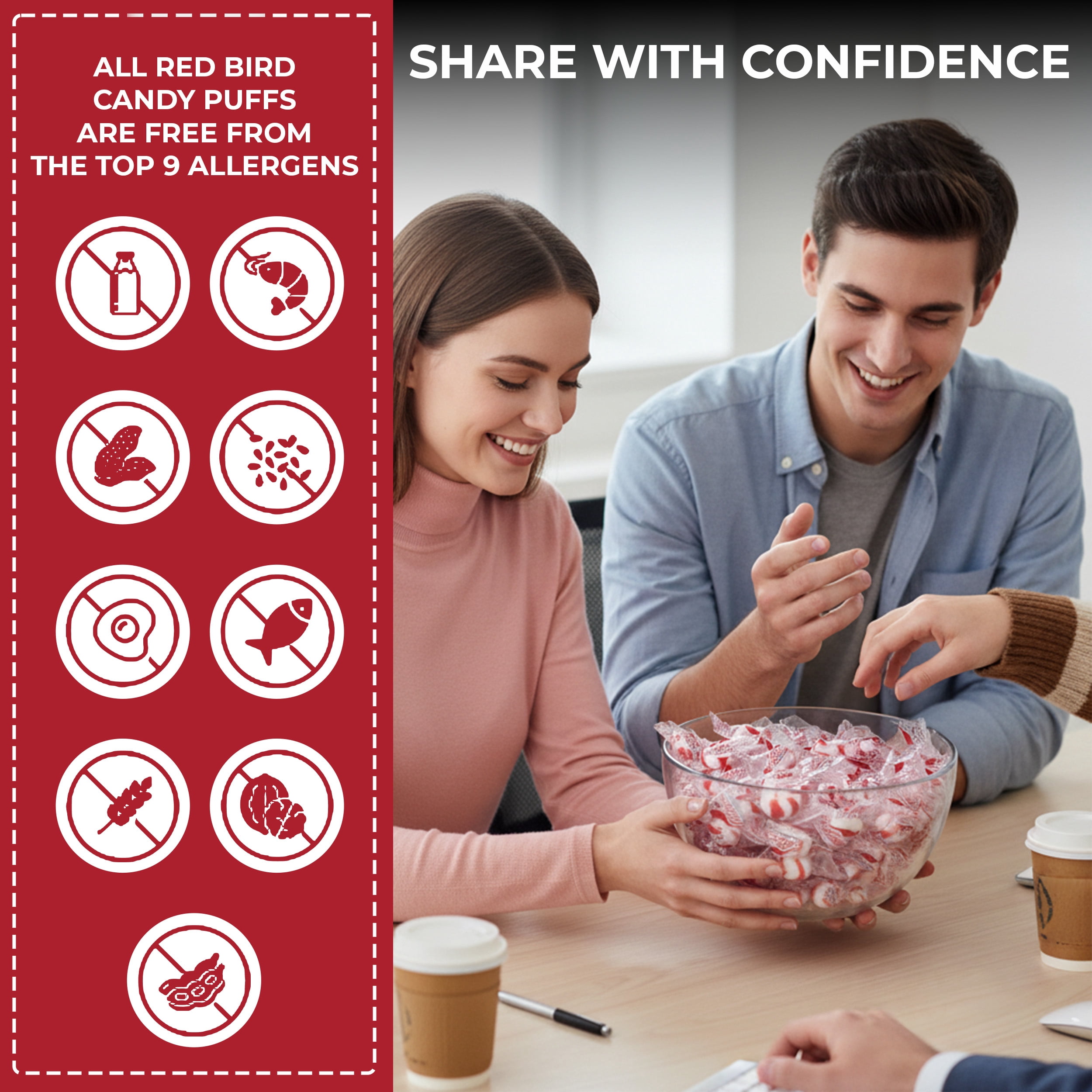 Red Bird Individually Wrapped Peppermint Candy Puffs, Gluten Free, Kosher, Non-GMO, 52 oz, Tub