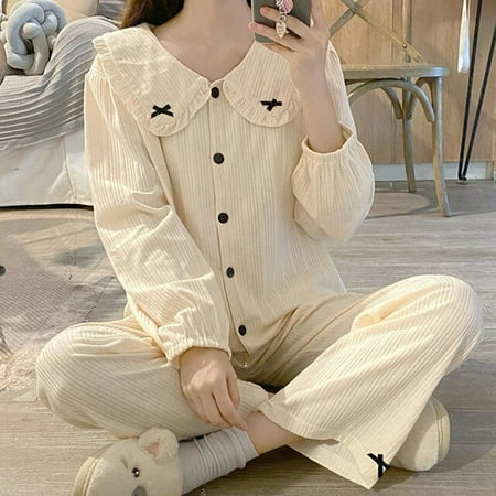 

CoCopeaunt Korean early spring simple V-neck placket collision color long-sleeved pants pajamas female gentle department wear home wear set