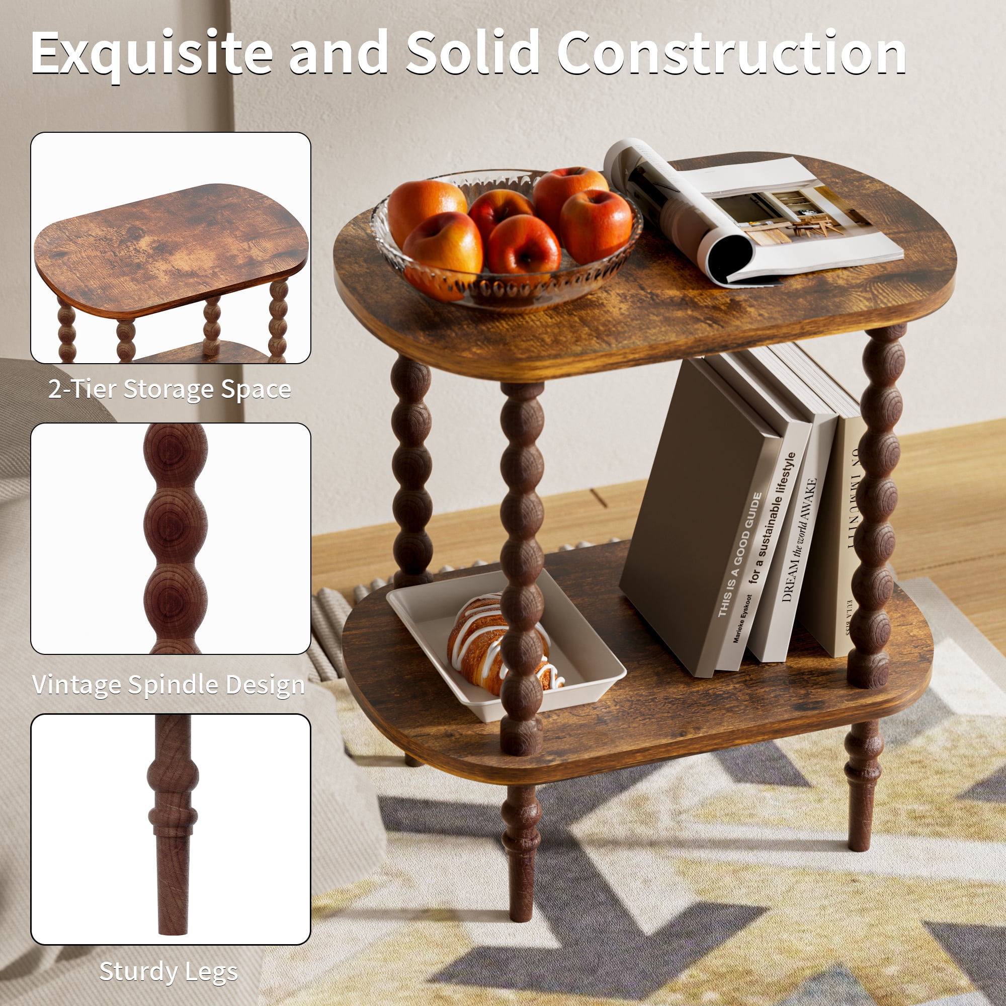 Gijjgole End Table, Modern Side Table with 2 Tier Open Shelf, Small Table Bed Side Tables Bedroom for Small Spaces, Living Room and Office (Rustic Brown)