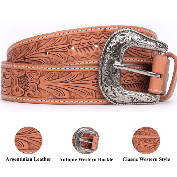 Resistance Men's Full-Grain Argentinian Leather Western Cowboy Belt with Floral Engraved Silver Buckle