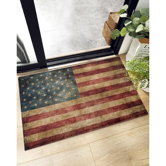 Independence Day Plush Shag Bath Rugs America Patriotic Flag Soft Fluffy Floor Doormat Carpet,Non-Slip Door Mats for Living Room Bedroom Kitchen Entryway Shabby Stars Striped