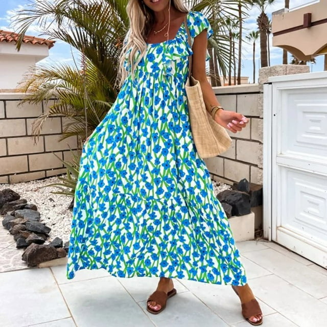 Lenago Robe de Bal Grande Taille Mode Femmes Été Décontractée Imprimé Col Carré Sans Manches Robe Longue Ample Robes de Plage en Solde