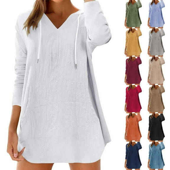 Womens Beach Cover Up Hooded V Neck Tunic Large Pocket Cotton Linen Long Sleeve Shirt