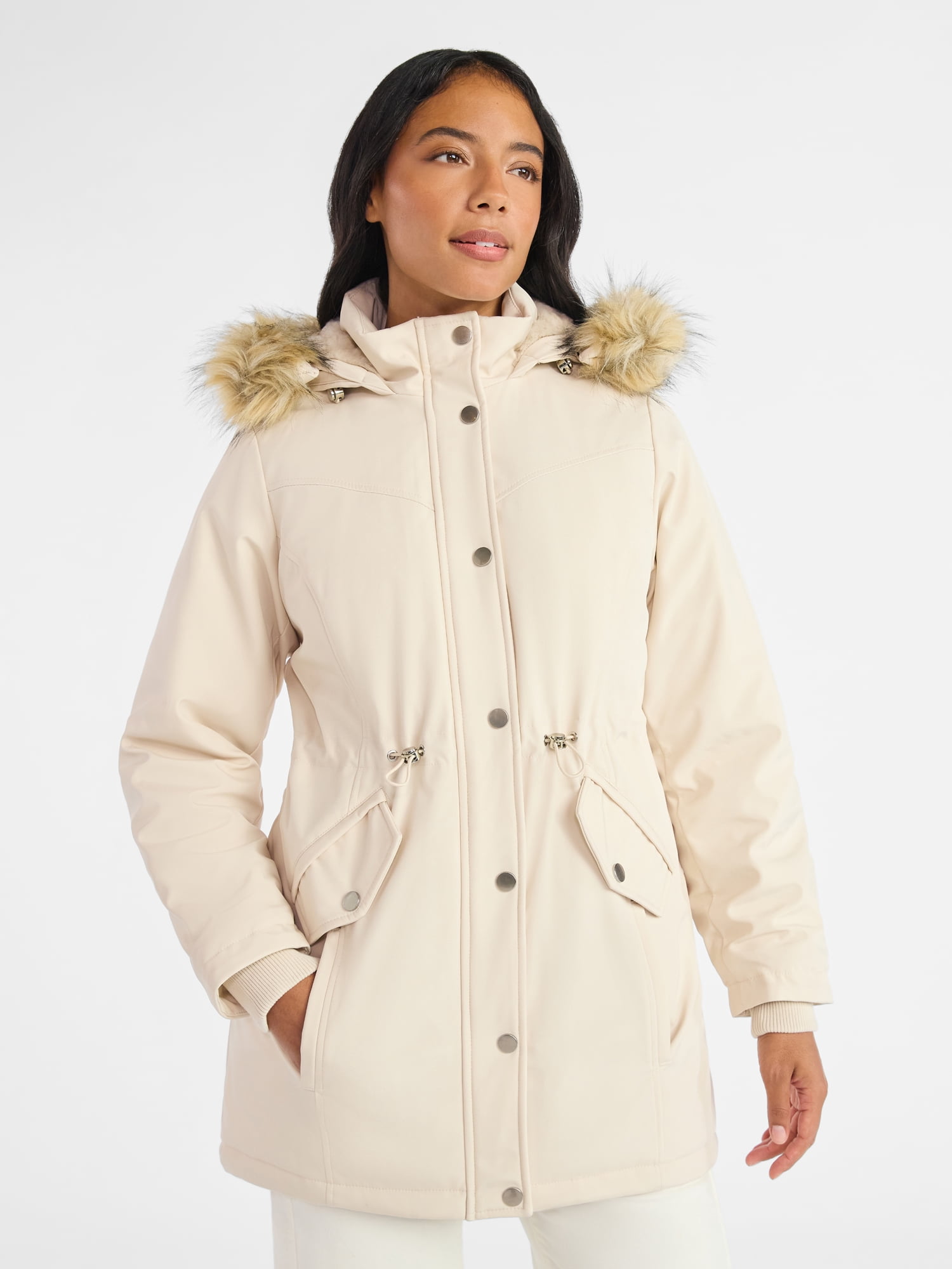 Time and Tru Women's and Women's Plus Hooded Anorak Jacket with Faux Fur Trim, Heavyweight, Sizes XS-2X