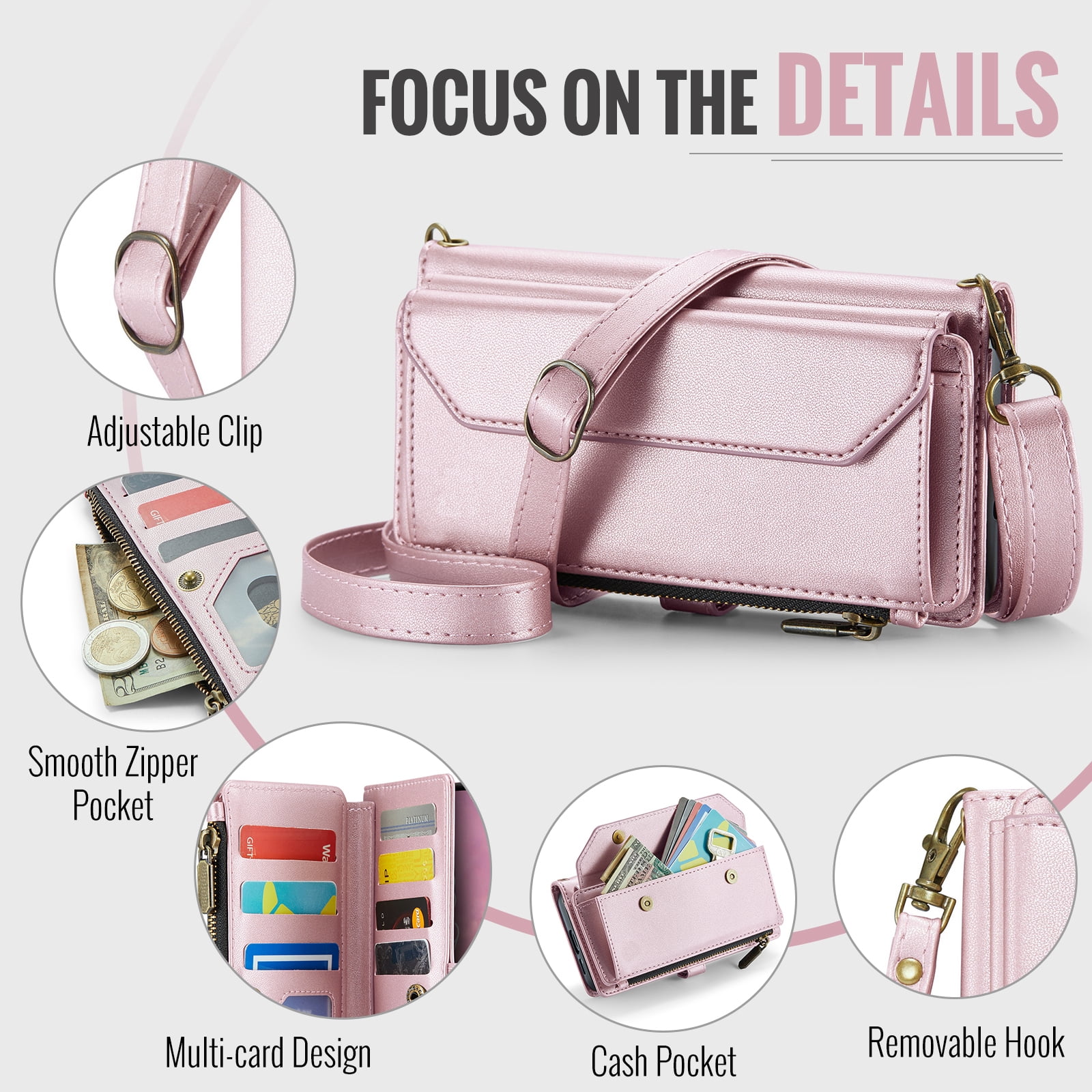 Compatible with Samsung Galaxy S25 5G Zipper Wallet Phone Case Tempered Glass Screen Protector Crossbody Lanyard Strap Flip Card Holder Slot Cell Cover for S 25 25S 25 25S SM-S931U Women Rose Gold