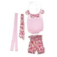 thumbnail image 2 of Conjunto de 3 piezas de ropa floral para niñas pequeñas, mono, pantalones cortos y diadema. Rosado, 2 of 9