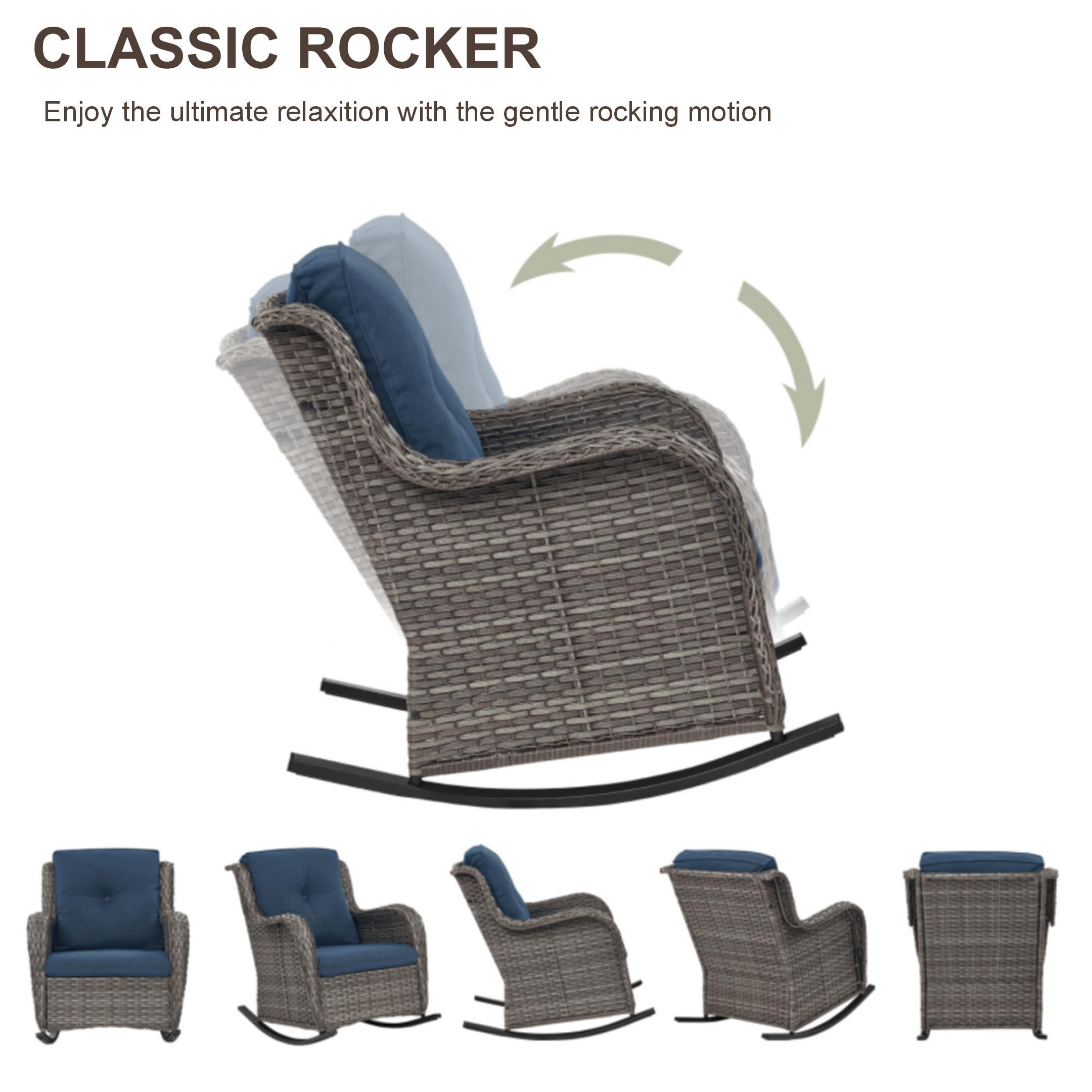 PARKWELL Outdoor Wicker Rocking Chair - 3 Piece Rattan Patio Bistro Set 2 Rocker Chairs and Glass Coffee Side Table - Set of 3 - Blue