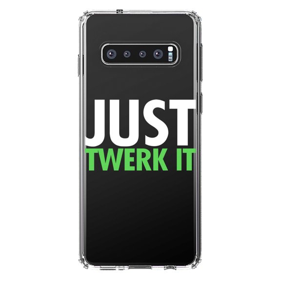 DistinctInk Clear Shockproof Hybrid Case for Samsung Galaxy S10 (6.1" Screen) - TPU Bumper Acrylic Back Tempered Glass Screen Protector - Just Twerk It