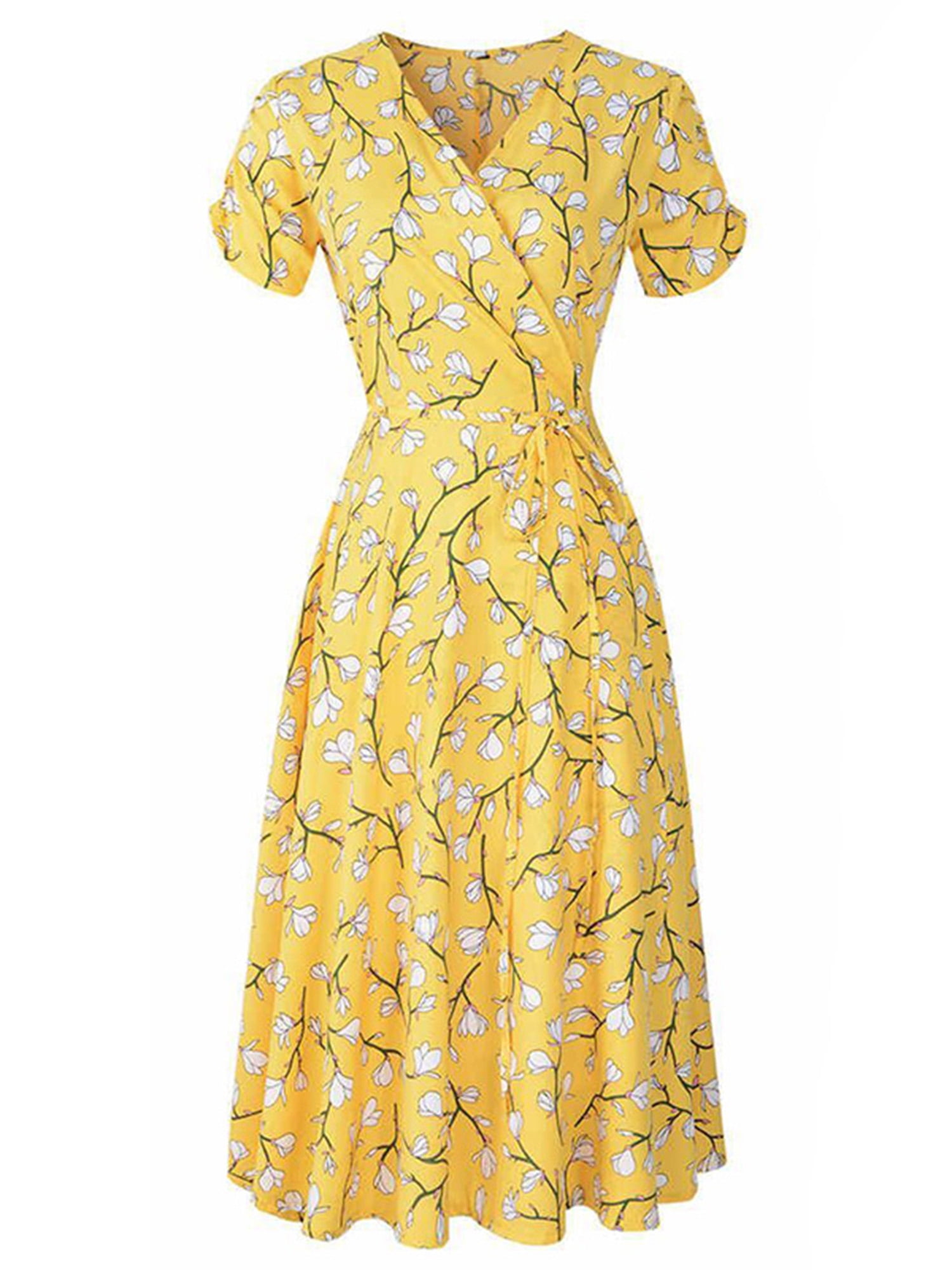 Beach vacation yellow floral puff sleeve dress for women summer
