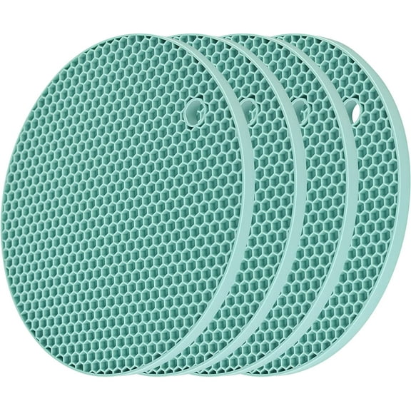 Silicone Trivets for Hot Dishes Pots & Pans, Teal Round Pot Holders, Jar Opener &Spoon Rest, Non Slip Trivet Mat, Flexible Heat Resistant Mat Hot Pads for Table & Quartz Counter Tops Set 4