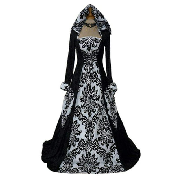 ICHUANYI Clearance Women's Retro Literary Print Place Dress Long Sleeve Lace Waist Hooded Big Dress(White, XXL) ICHUANYI WER2023081404223