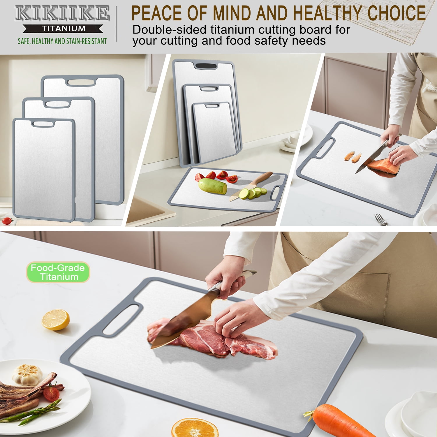 Titanium Cutting Board Double-sided non-slip silicone edging Pure Titanium Cutting Boards for Kitchen - Double-Sided Food-Grade Chopping Board Non-Stick Durable and easy to clean (Large)