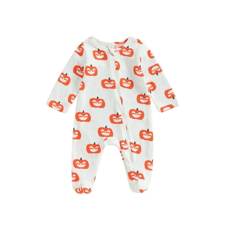 

Emmababy Long Sleeve Pumpkin Print Zipped Jumpsuit for Halloween Baby Footies
