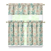 Kitchen Curtains 36 Inch Short - 3 Panel Set, Seashell Starfish Nautical Print, Rod Pocket Window Curtain for Tropical Beach Farmhouse, Sea Coral Cute Design, Easy Wash
