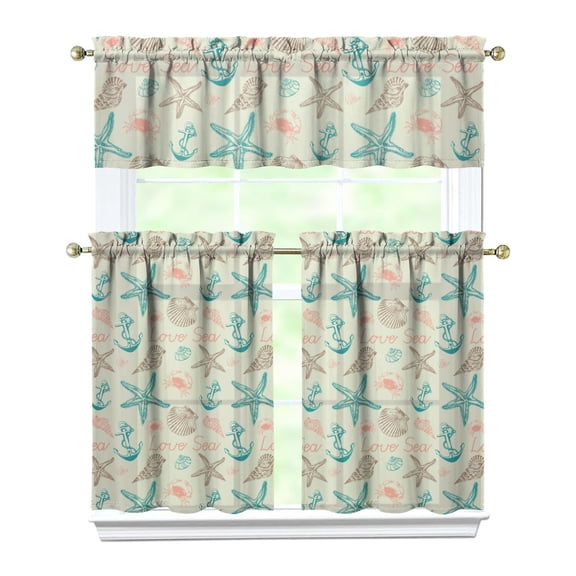 Kitchen Curtains 36 Inch Short - 3 Panel Set, Seashell Starfish Nautical Print, Rod Pocket Window Curtain for Tropical Beach Farmhouse, Sea Coral Cute Design, Easy Wash