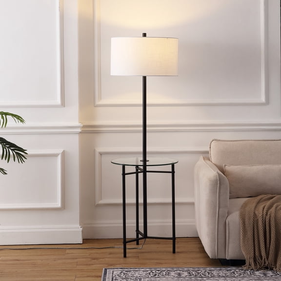 Chuck 59" Modern Minimalist Metal and Tempered Glass LED 2-in-1 Space-Saving Tray Table and Floor Lamp, Black