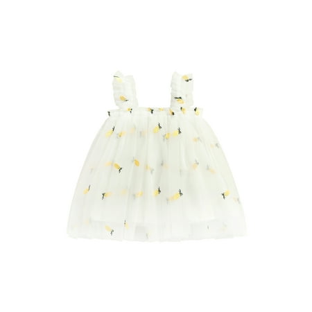 

Nokpsedcb Toddler Kids Girls Princess Dress Daisy Fruit Embroidery Sleeveless Sling Summer Casual Mesh Tulle Fluffy Skirt White Pineapple 6-12 Months