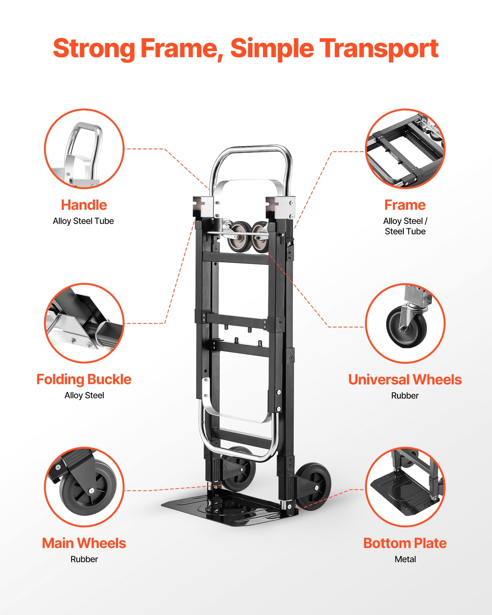 VEVOR 2 in 1 Folding Hand Truck, 500 lbs Load Capacity for 4-Wheel Mode, Convertible Hand Truck Dolly with Wheels & Adjustable Handle, Portable Trolley Dolly for Moving Home, Office, Warehouse