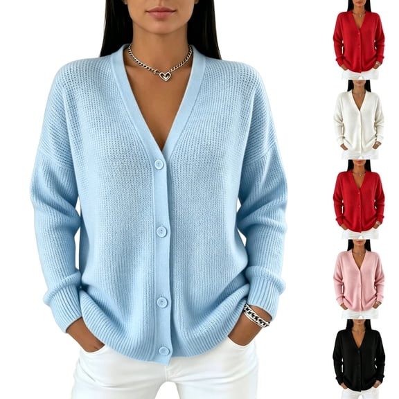 Resicozy Women's Long Sleeve Cardigan Sweaters Button Up V Neck Knit Tops Lightweight Oversized Business Pullover Light Blue XL