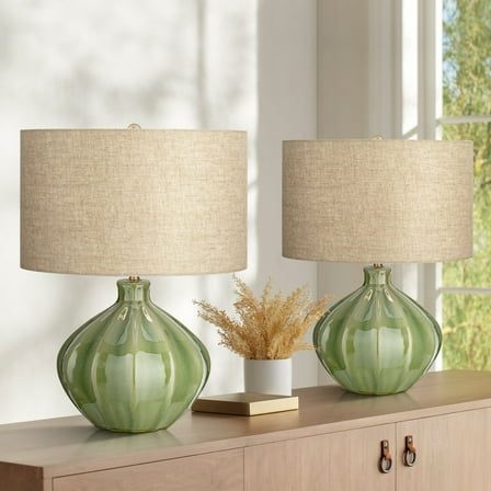 360 Lighting Gordy Modern Accent Table Lamps 20 1/2" High Set of 2 Ribbed Green Ceramic Oatmeal Fabric Drum Shade for Bedroom Living Room Nightstand