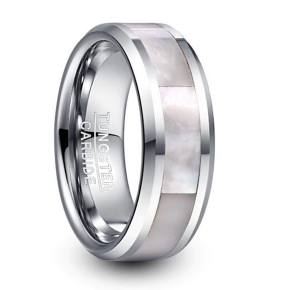 8mm Wide Steel-colored Tungsten Carbide Ring with White Mother-of-pearl Inlay