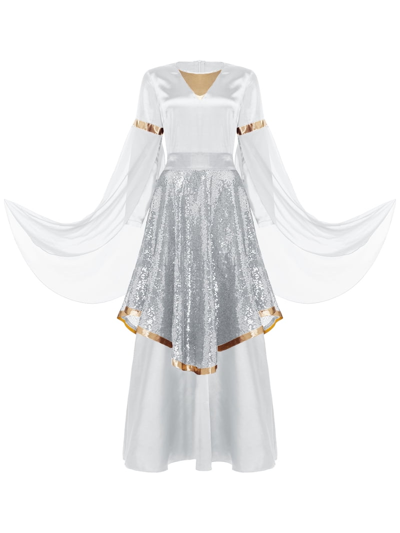 Raenseen Praise Dance Dress for Women Worship Liturgical Dancewear Tunic Dress and Sequined Skirt White L, Women's, Size: Large, Red