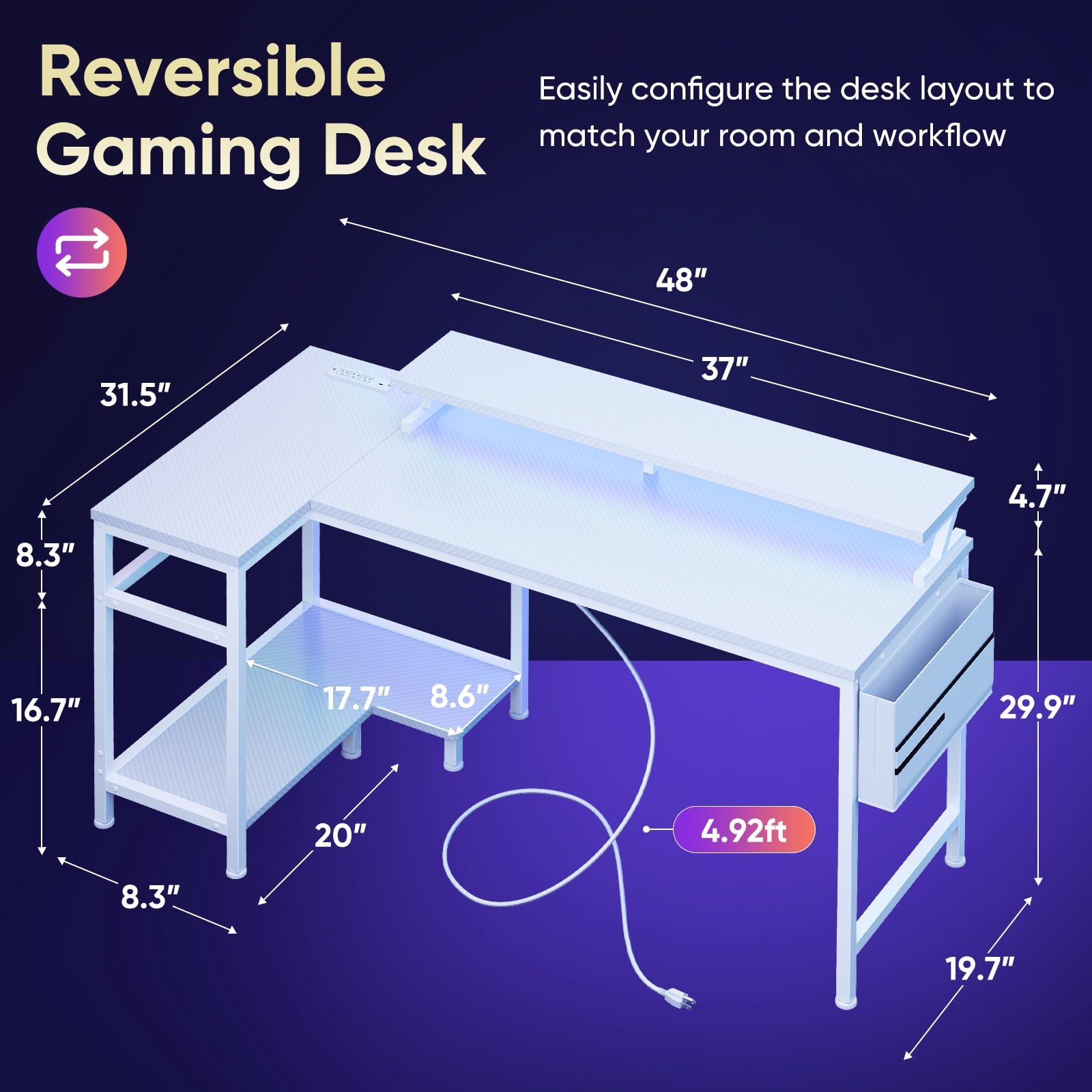 Gianna L-Shaped Gaming Desk with LED Lights, USB-C Charging and Monitor Stand