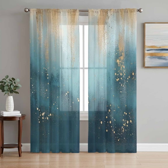 Turquoise Gold Geometric Sheer Curtains 84 Inch Length 2 Panels Set, Modern Abstract Oil Painting Voile Window Treatment Rod Pocket Curtains Sheers Drapes for Bedroom/Living Room/Kitchen 52"x84"x2