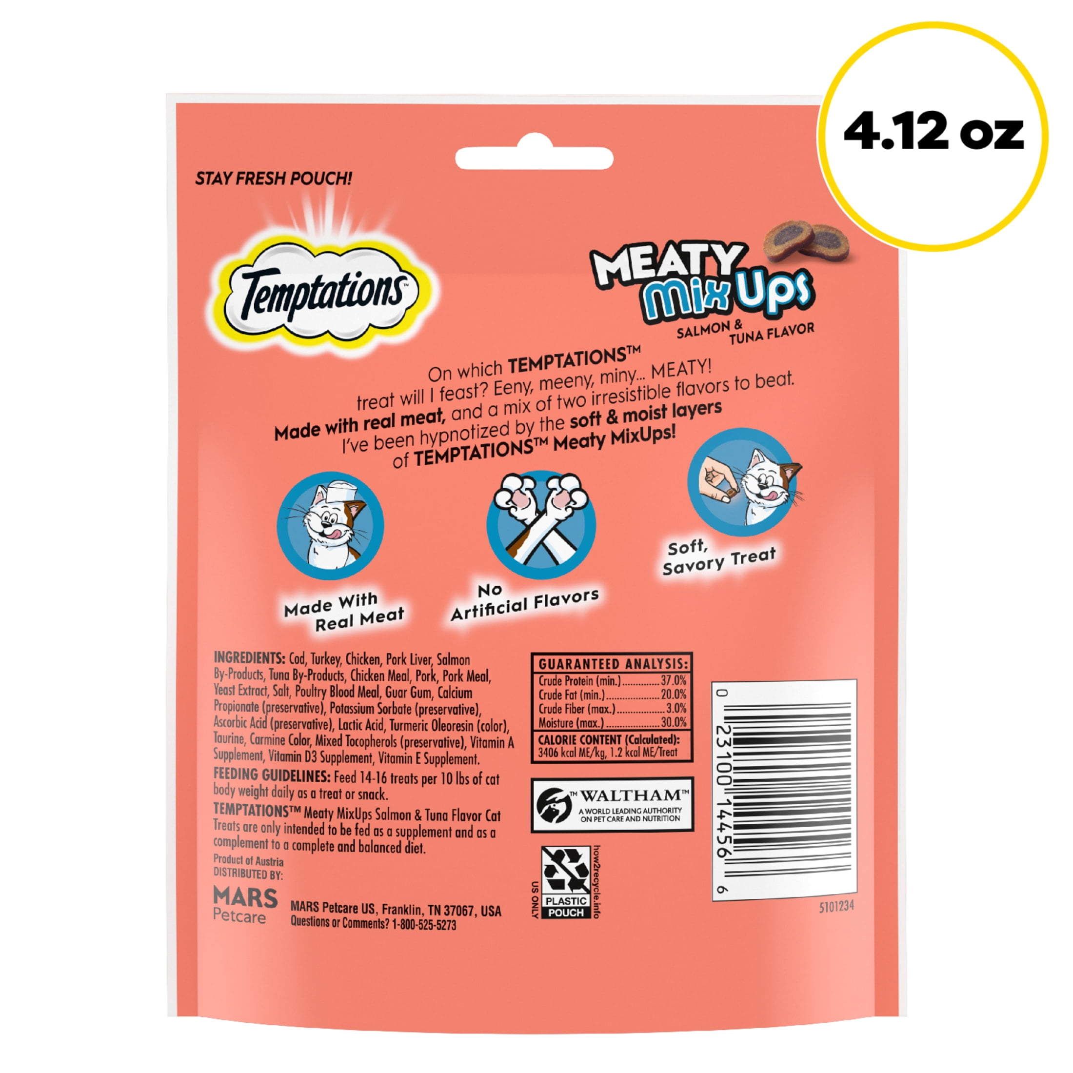 Temptations Meaty MixUps Salmon and Tuna Crunchy and Soft Cat Treats for Adult Cats, 4.12 oz Pouch