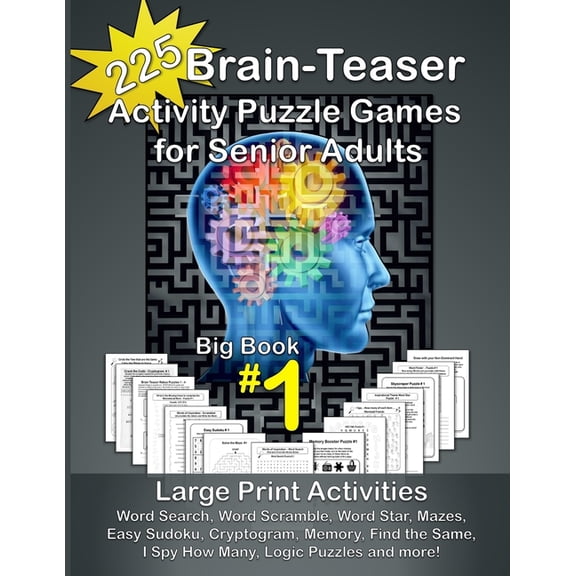 225 Brain-Teaser Activity Puzzle Games for Senior Adults, Big Book #1: Large Print Activities - Word Search, Word Scramb, (Paperback)