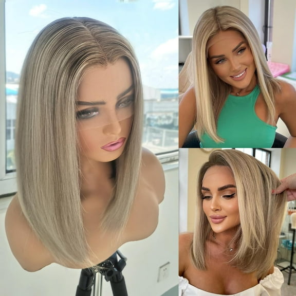 Ombre Highlight Ash Blonde Lace Front Wigs Human Hair Pre Plucked Balayage Blonde Straight Bob HD Transparent 13x4 Ash Brown with Platinum Lace Front Human Hair Wigs For Women 14 Inch