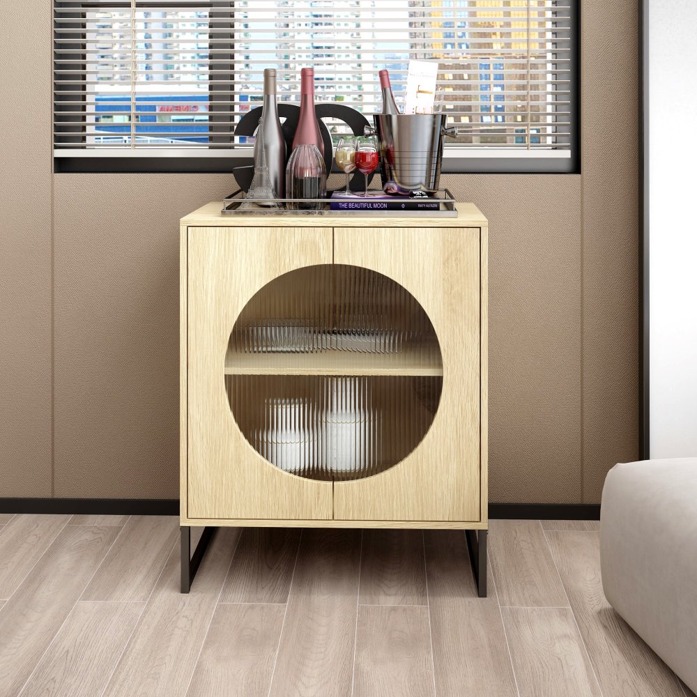 Tcbosik Small Wooden Storage with 2 Glass Doors, Modern