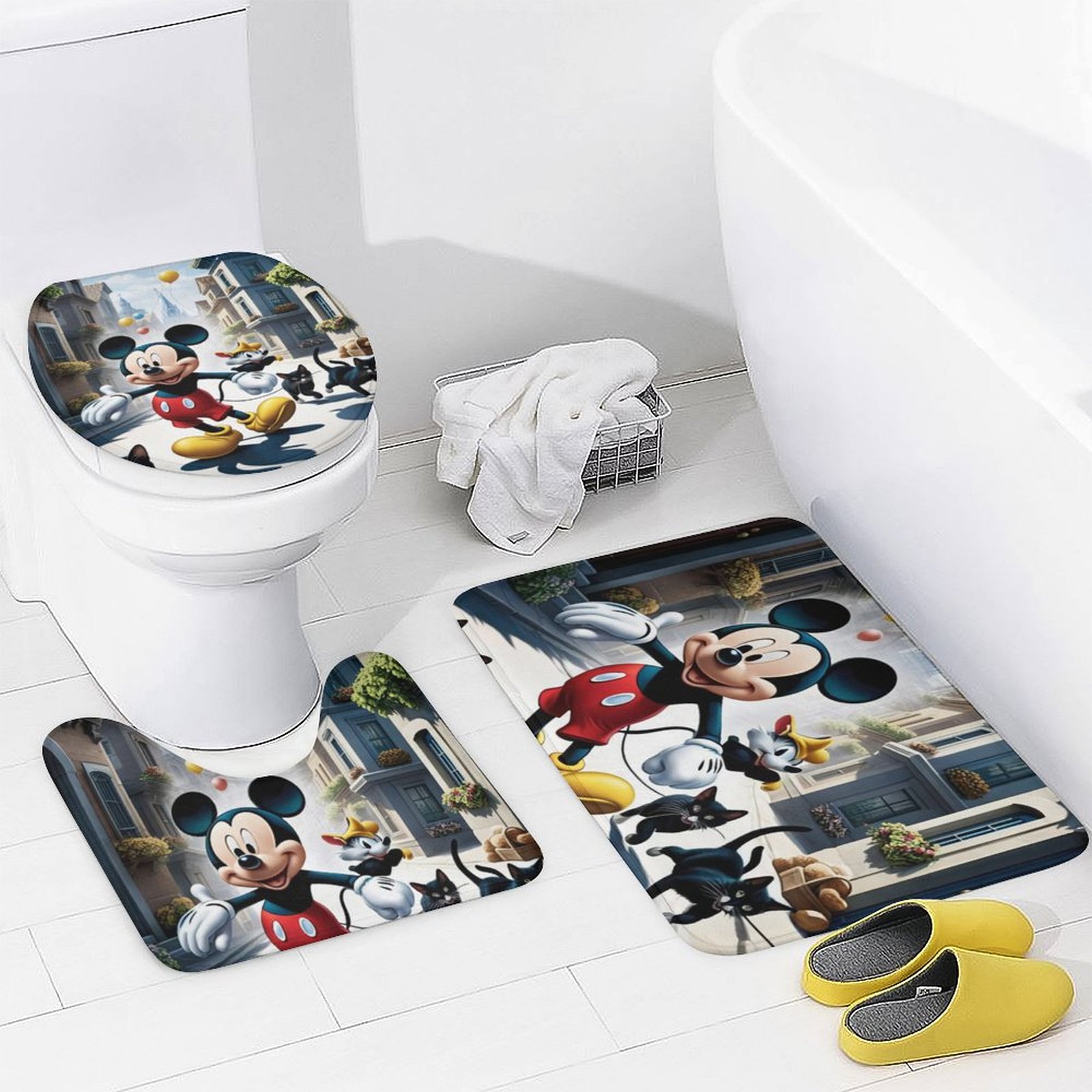 Cartoon Mouse 4PCS Shower Curtain Bathroom Set with Rugs, Toilet Lid Cover And Bath Mat, Shower Curtain with 12 Hooks, Durable Bathroom Decor Set