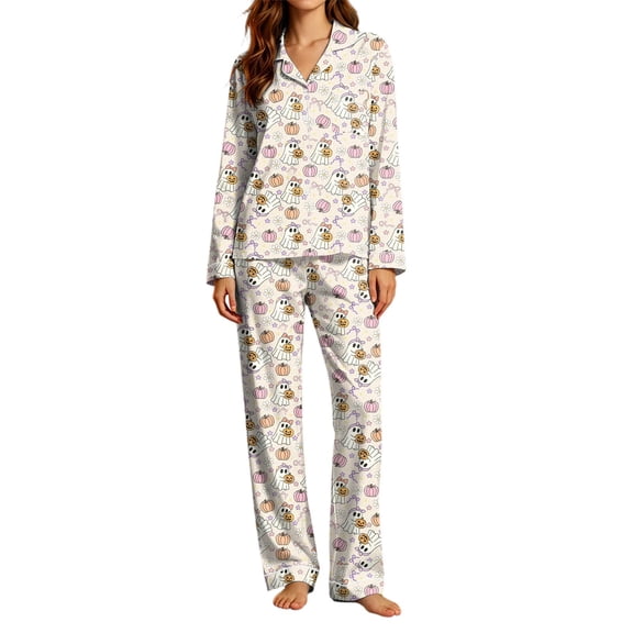 Trendfront Womens 2 Piece Halloween Pajama Set Pastel Spooky Doodle Print Collared Long Sleeve Button Down Shirt and Pants Sleepwear Loungewear