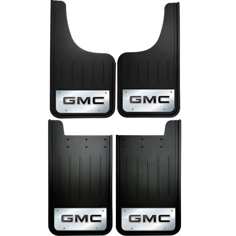 Front Mud Flaps For GMC Trucks - Black 12x23 Inch With Logo, Heavy Duty Rubber, Stainless Steel Plate