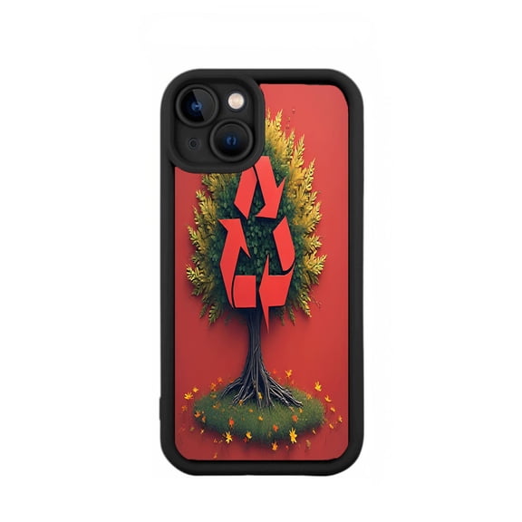 Stylized Tree & Red Symbol Design - Lightweight Yellowing Resistant iPhone 15 Case with Black Border